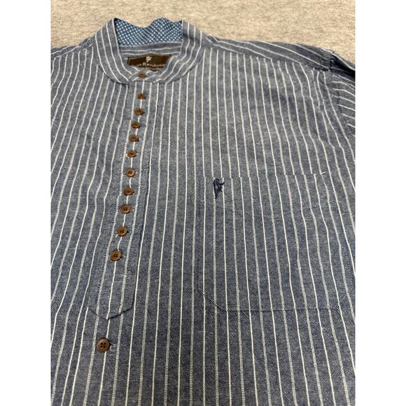Celtic Ranchwear Shirt L Blue White Stripe Band Collar Button Cotton Linen - Picture 7 of 9